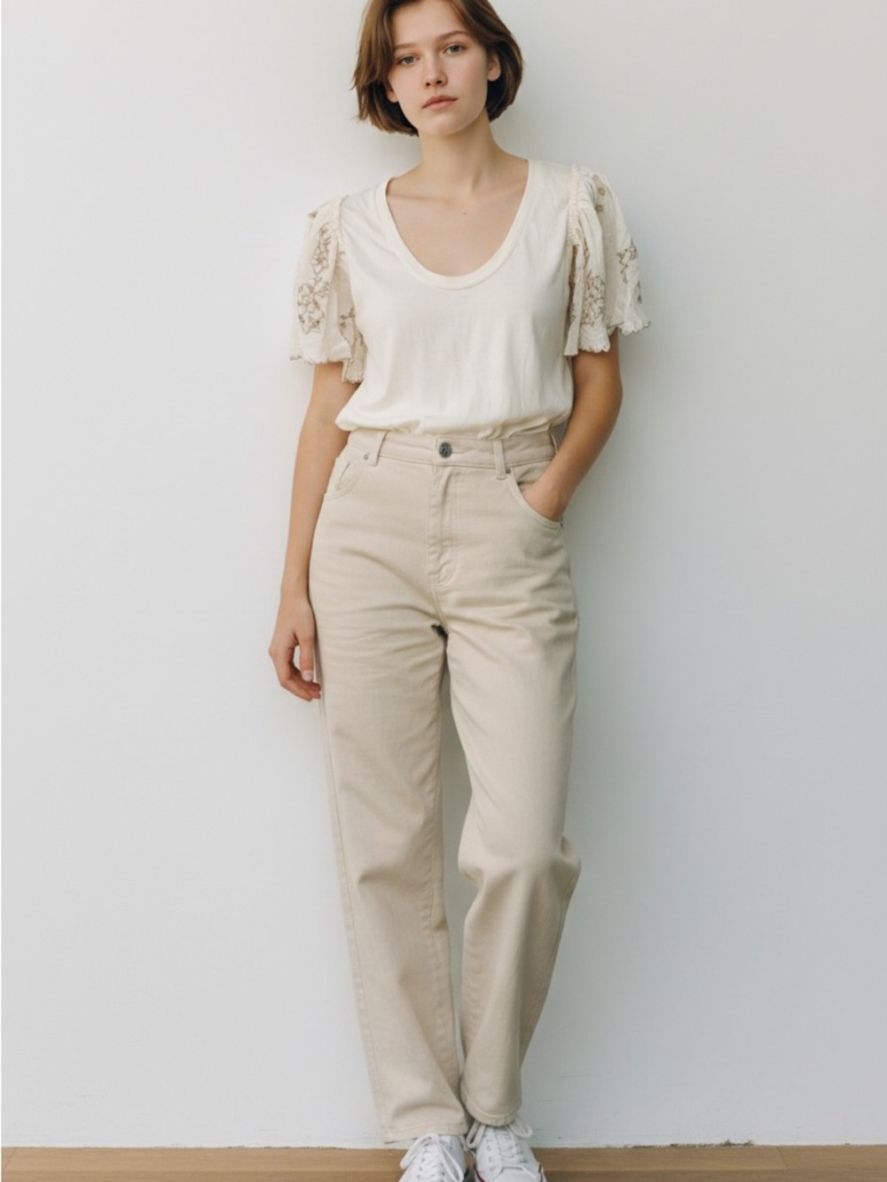 Cream Lace Sleeve Scoop Neck Top
